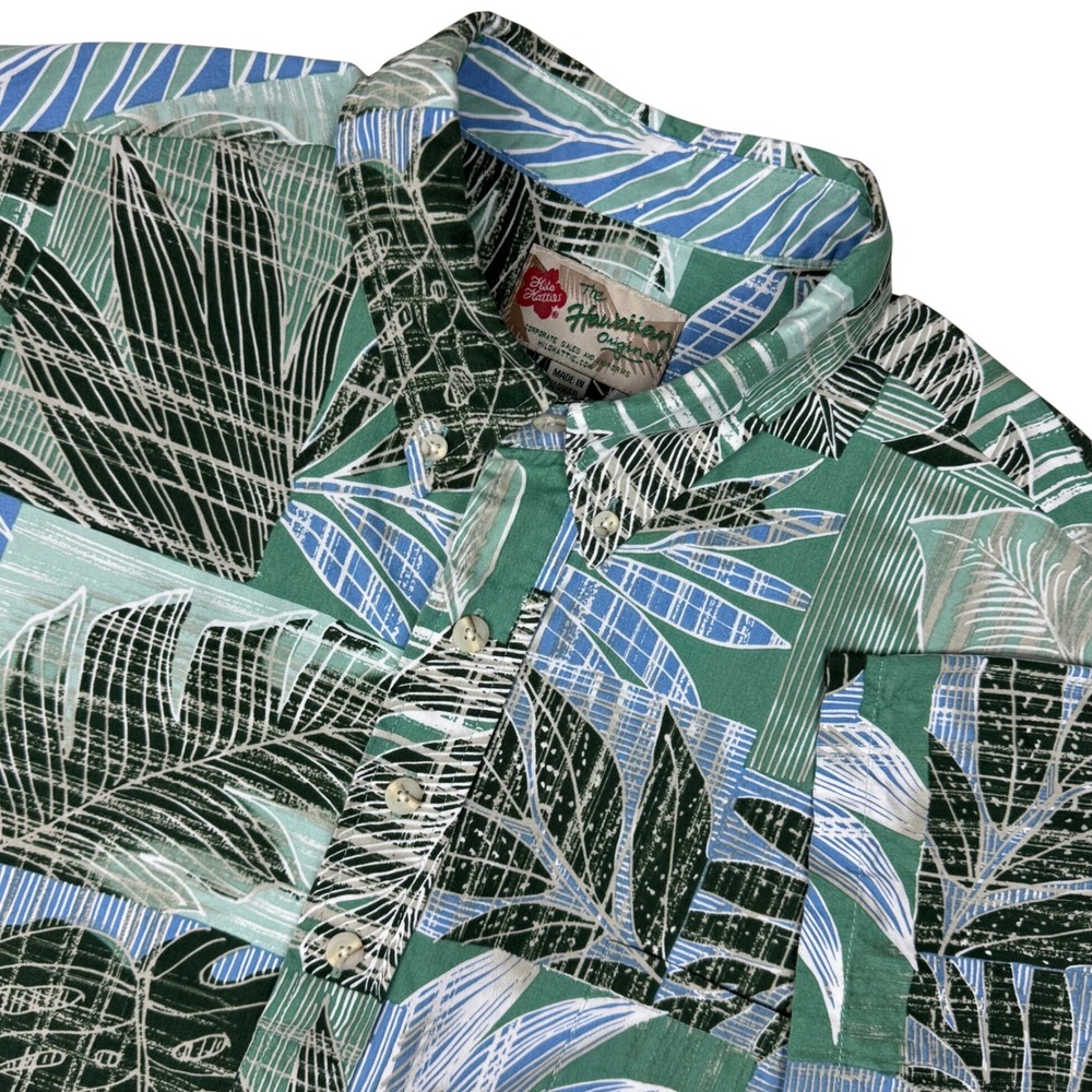 Hilo Hattie Hawaiian Shirt Mens XL Popover Green Tropical‎ Leaf Button Down USA